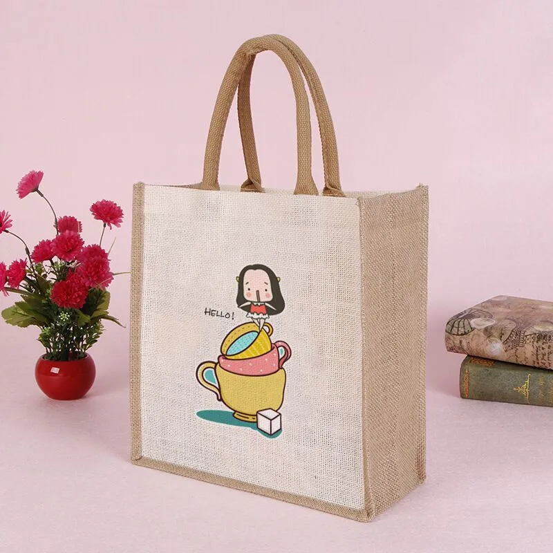 wholesale custom printed logo reusable foldable Hessian shopping Burlap Jute Linen grocery tote bag for ads