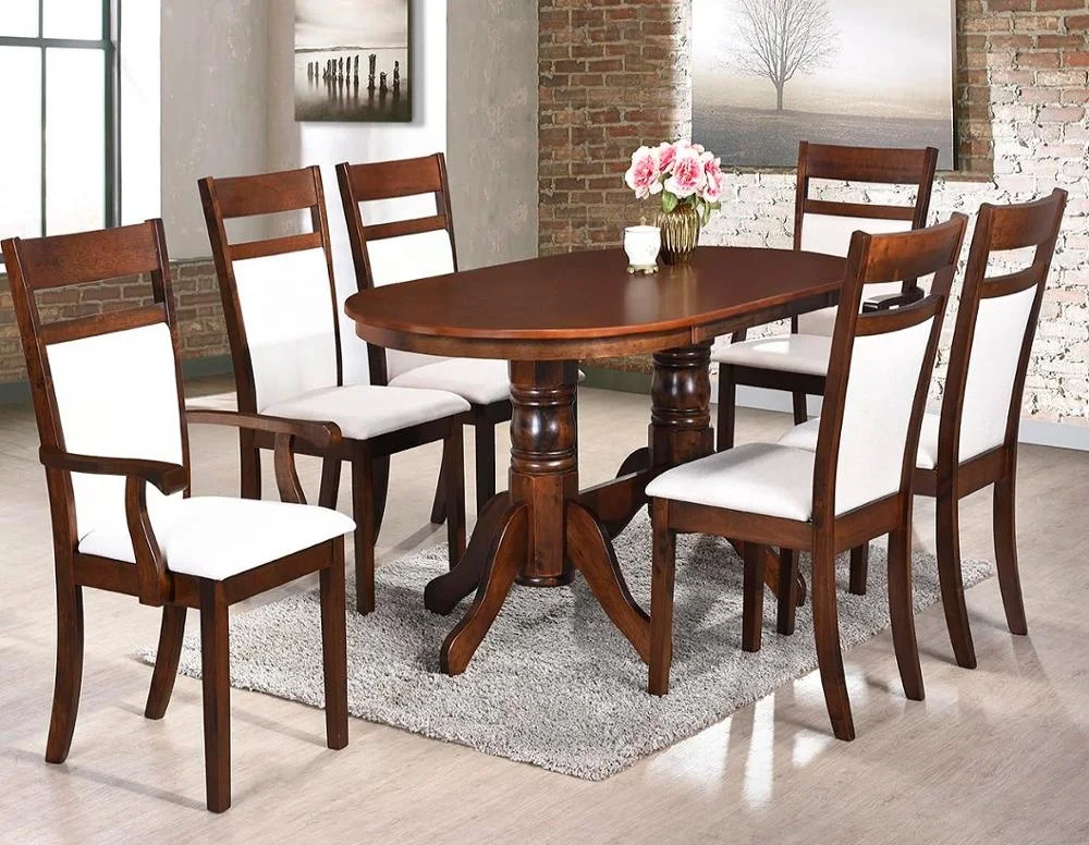 classical dining set Malaysia wooden top dining table with 6 fabric cushion seat chairs