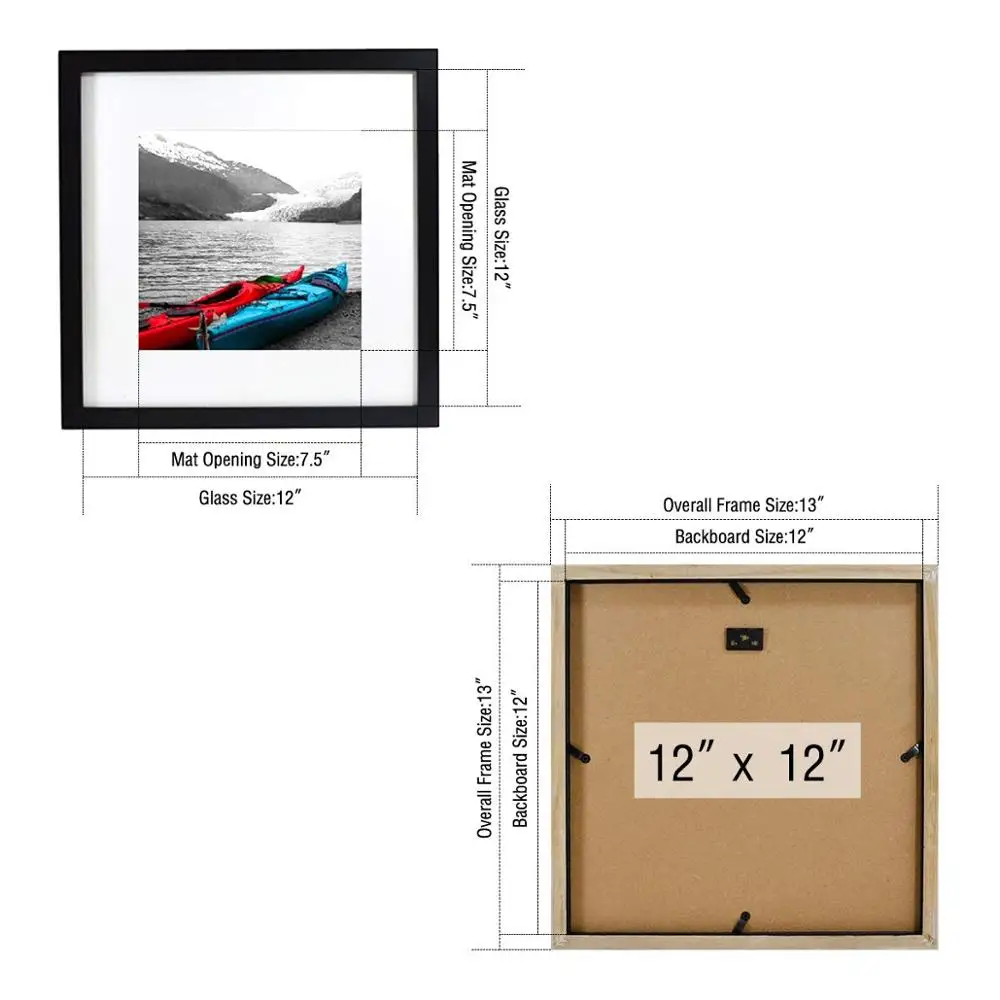 12x12 Square Wood Picture Frame, Matted to Fit Pictures 8x8 or 12x12 Without Mat (Black)