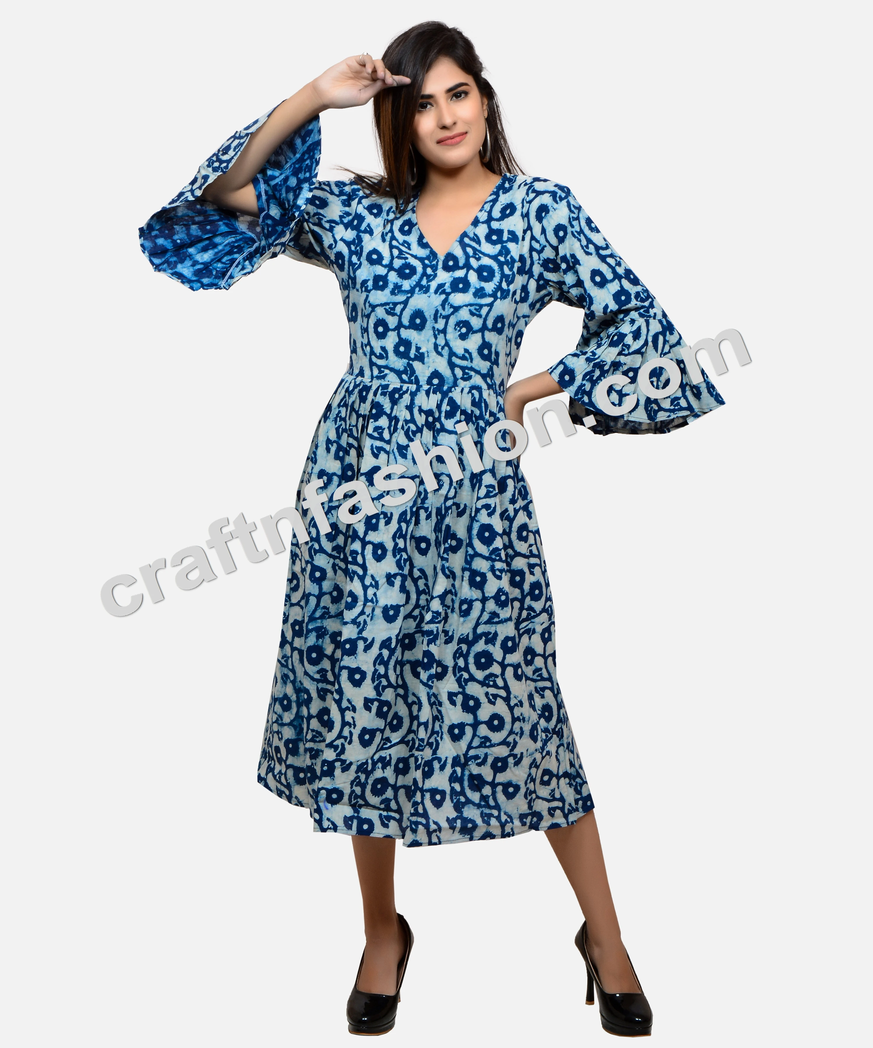 Bohemian Style Umbrella Sleeve Indigo Dress - Indian Cotton Hand Block Print Kurti  - Summer Fashion Wear Cotton Indigo Dress