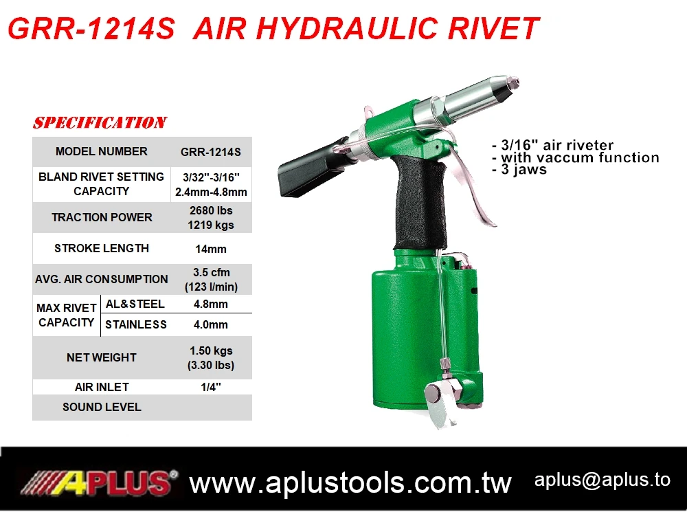 APLUS GRR-1214S air hydraulic riveter,  2660lbs traction power, stroke length is 14mm,