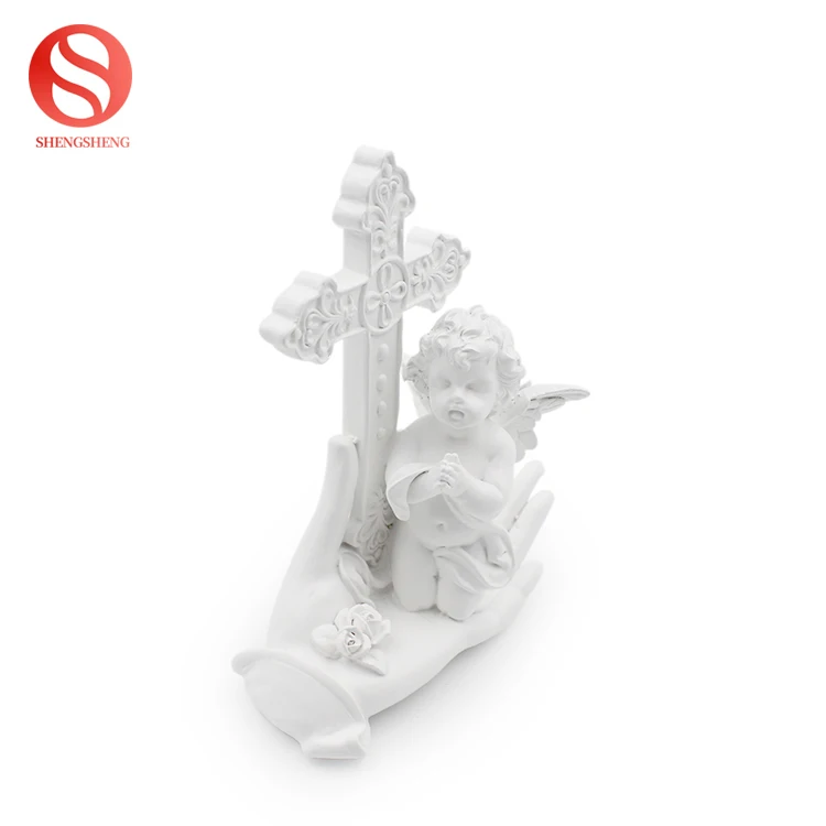 Luxury home office table top decoration cross rose flower hand palm resin cherub for home decor