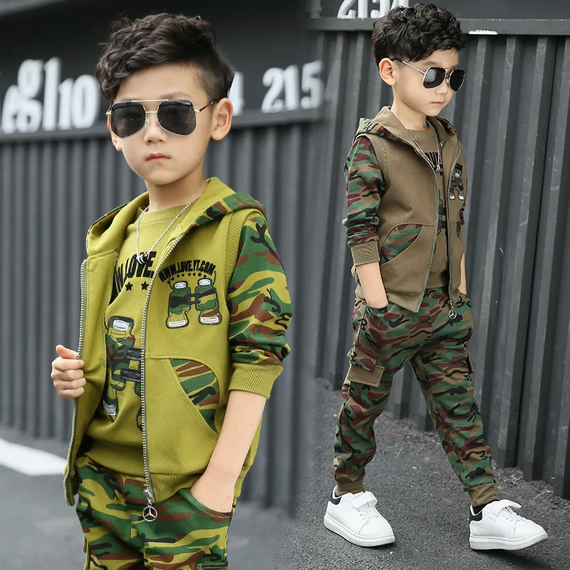 2019 new hot selling wholesale big children spring autumn camouflage sports military uniform three-piece boys clothing set