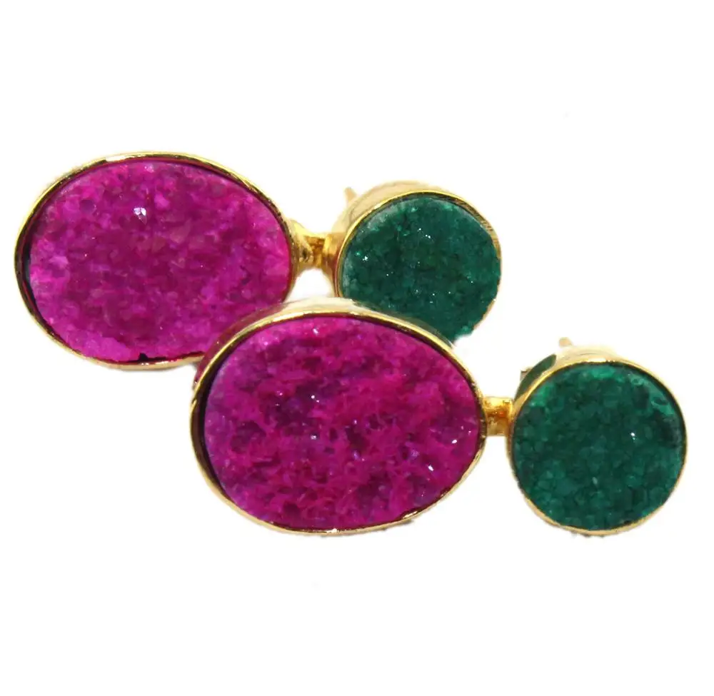 Most elegant collection natural green & pink druzy earring 24K gold plated collet setting earring handmade drop hanging dangling