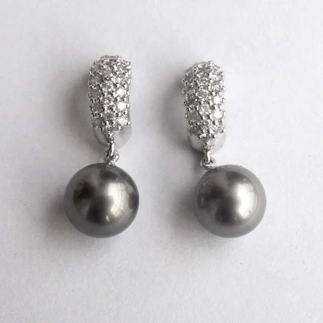 Genuine Rare Black Tahitian Pearl Diamond 18K White Gold Earrings Nice Fashion Gold Earrings for Women