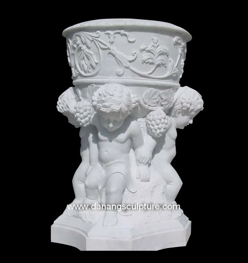 Custom Hand Carved Stone Outdoor Flower Pot Vase With Angels Statues DSF-LH06