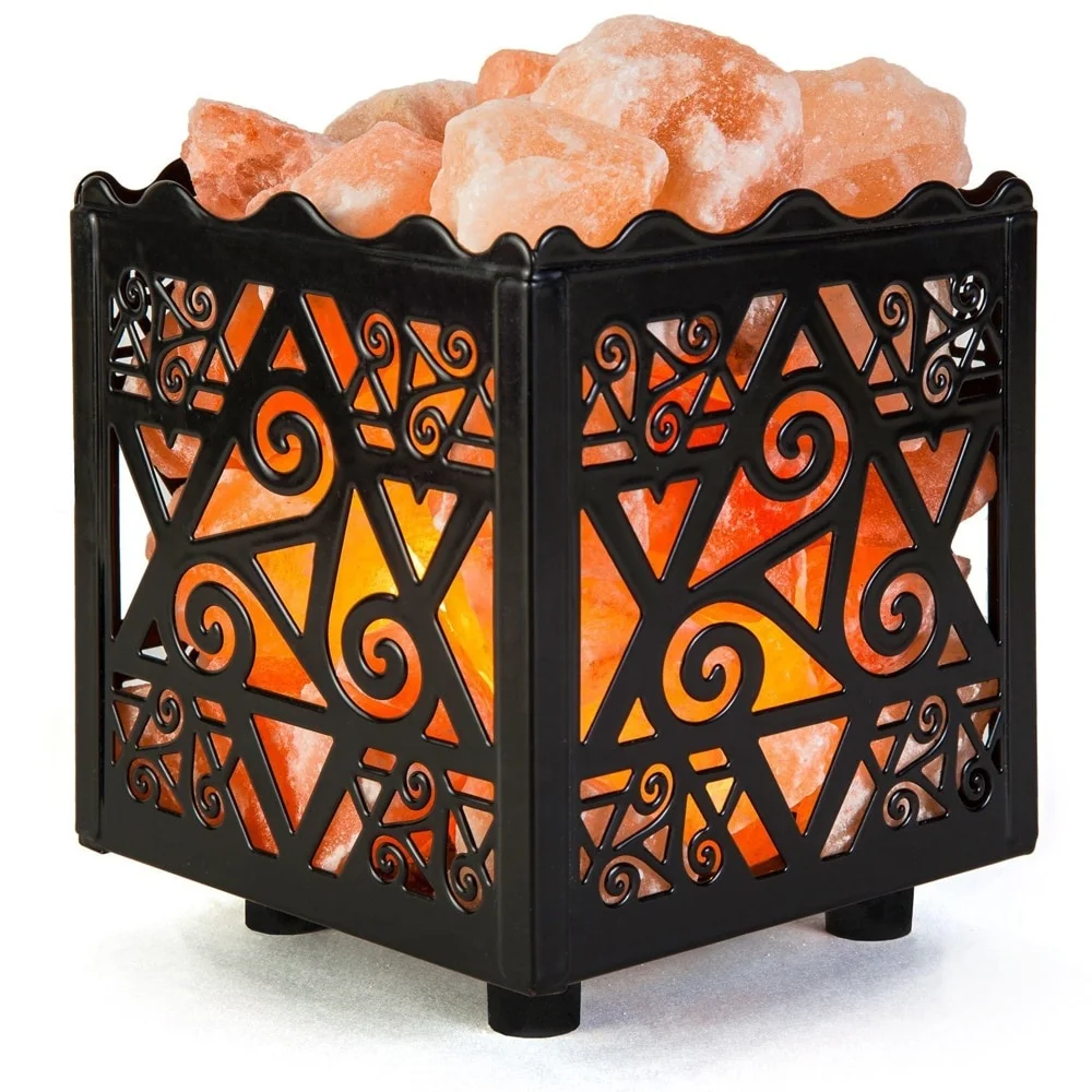 Himalayan Salt Crystals Basket Lamp, Pure Pakistani Rock Salt Metal Basket