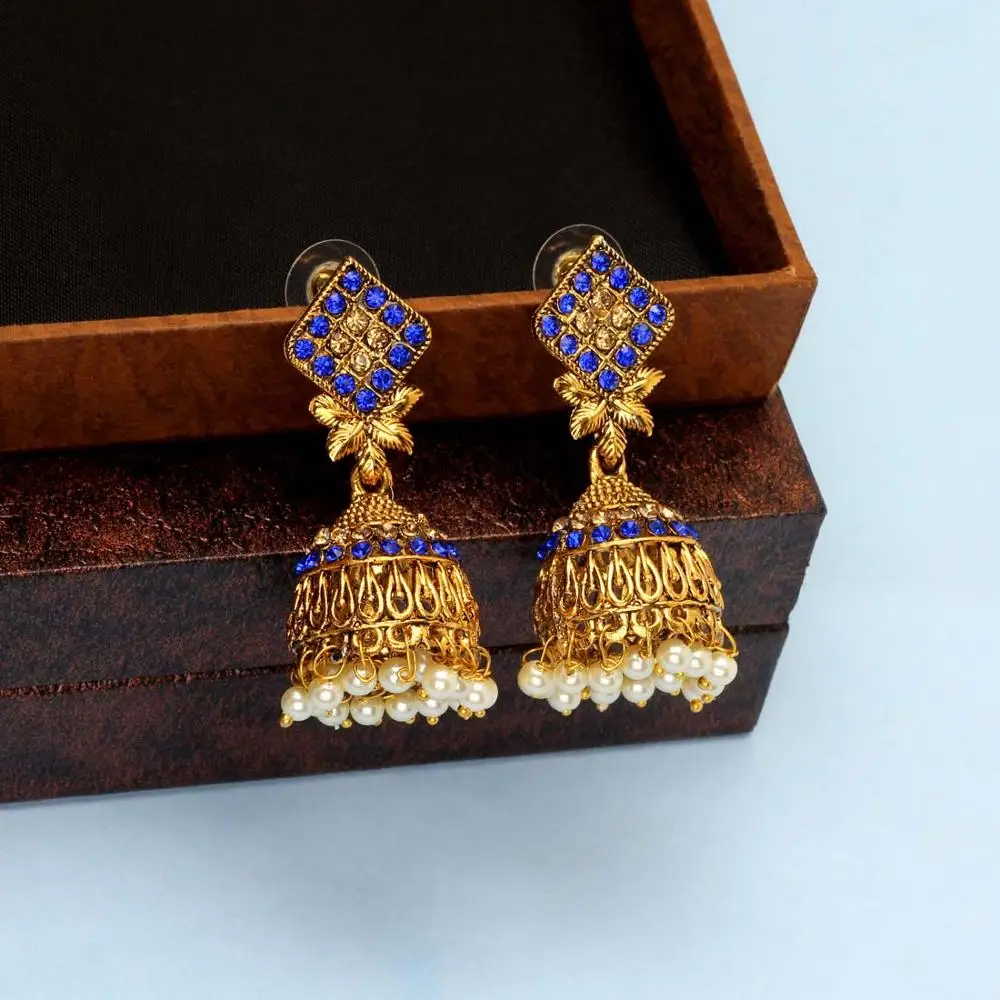 Latest Indian Jewelry Gold Color Glass Stone Kashmiri jhumka Earrings