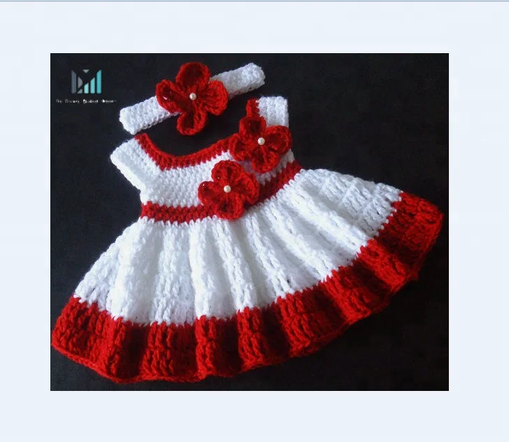 
Red Hand Knitted Crochet Baby Girl Dress For Birthday Occasion Coming Home crochet Outfit with Headband 