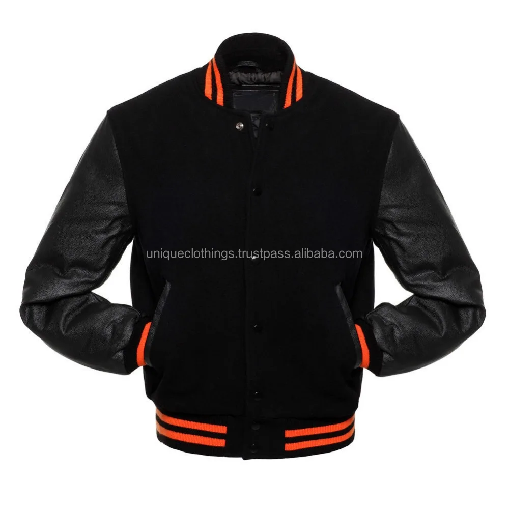 
Melton wool body with genuine leather sleeve varsity jacket, All Black Varsity Jacket 