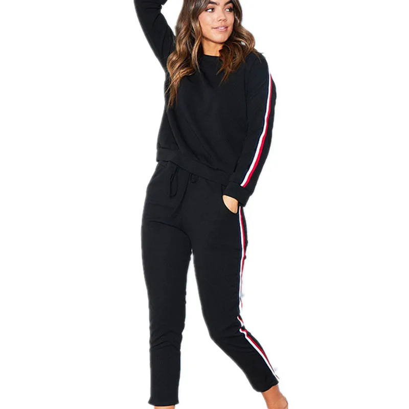 Women Fleece Tracksuit Custom Logo Long Sleeve Striped Fleece Sport Women Tracksuit