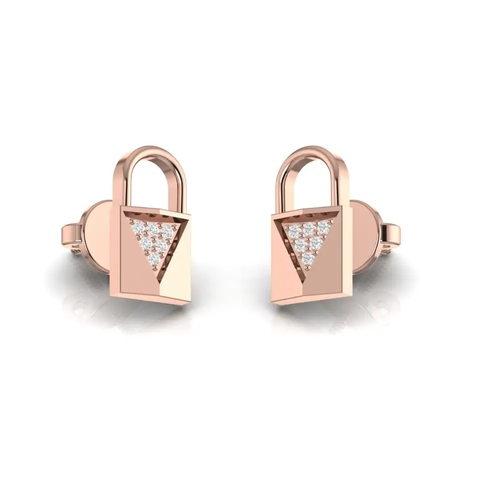 Natural Round Diamond Lock Style Stud Earrings Trendy Fine Jewelry In 18kt Solid Yellow Gold For Women Gift