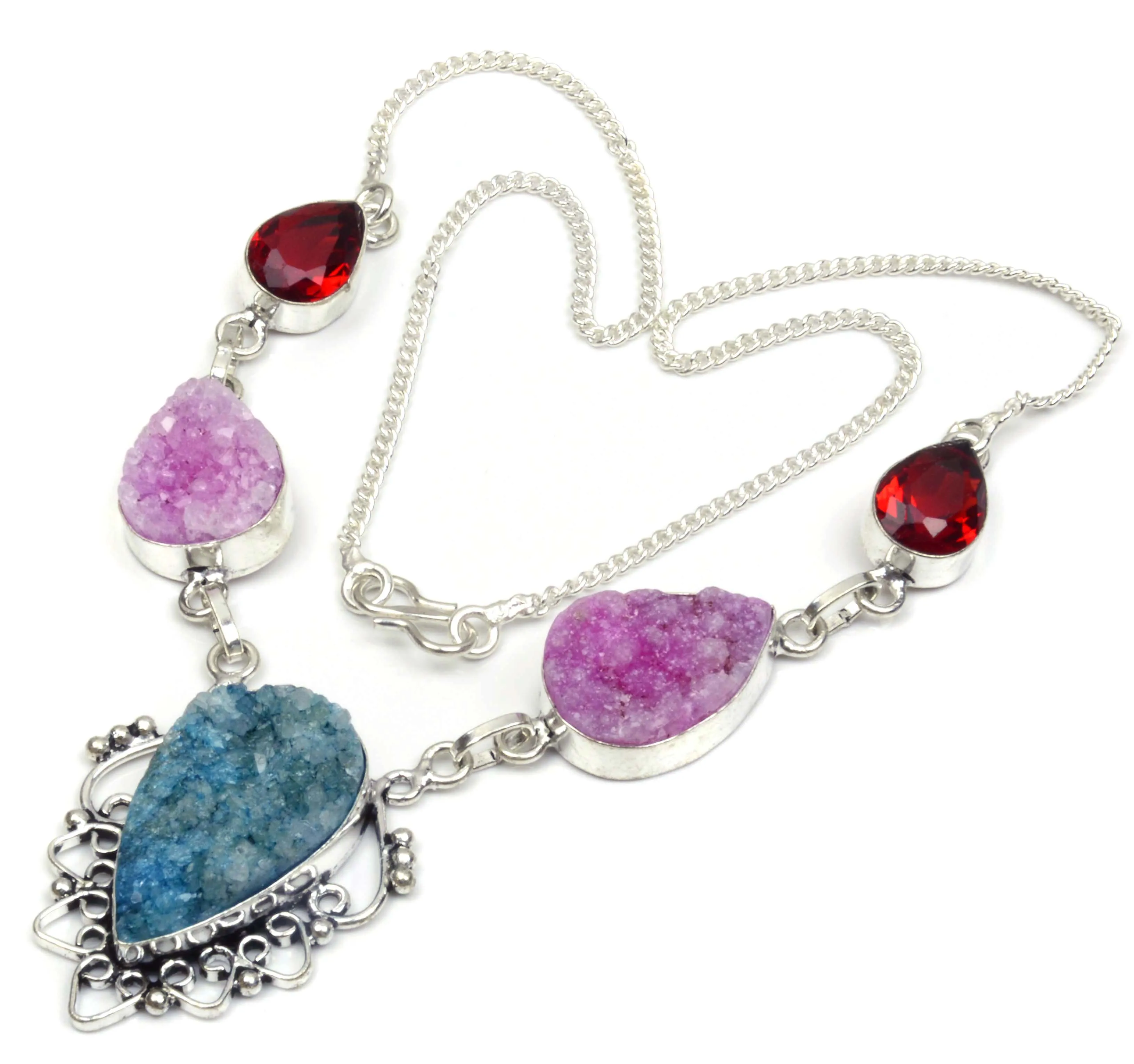 
worldwide latest design titanium druzy & garnet quartz gemstone handmade 925 silver plated necklace 
