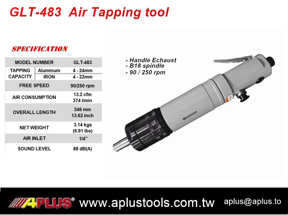 GLT-483 air tapping tool, handle exhaust, B18 spindle thread, 90/250 rpm