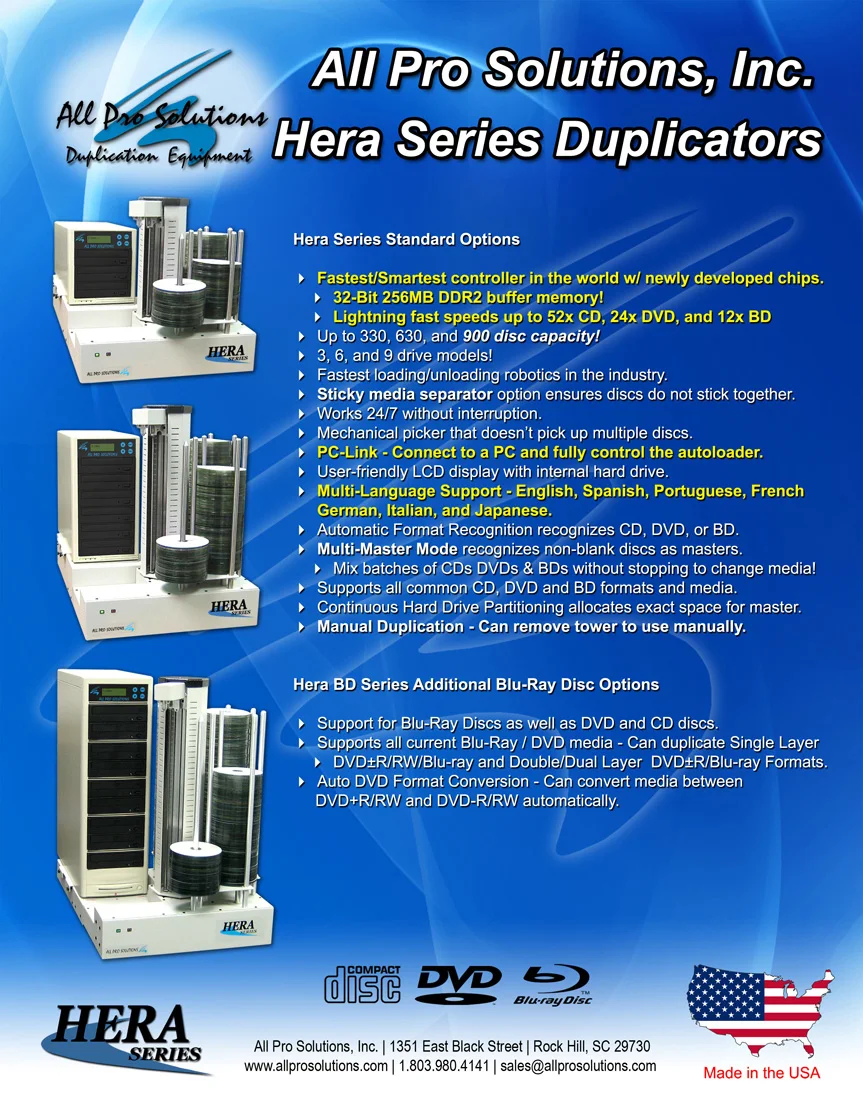 Hera 3 Automated Standalone Blu-Ray CD DVD Duplicator, 3 Drives w/ 500GB HDD, PC-Link software & 330 Disc Capacity