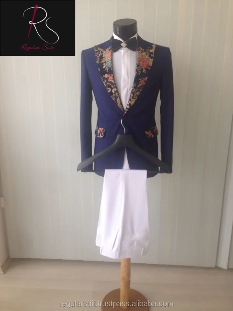 2018 Uniq Patterned Lapel Coat Pant Navy Men Suit