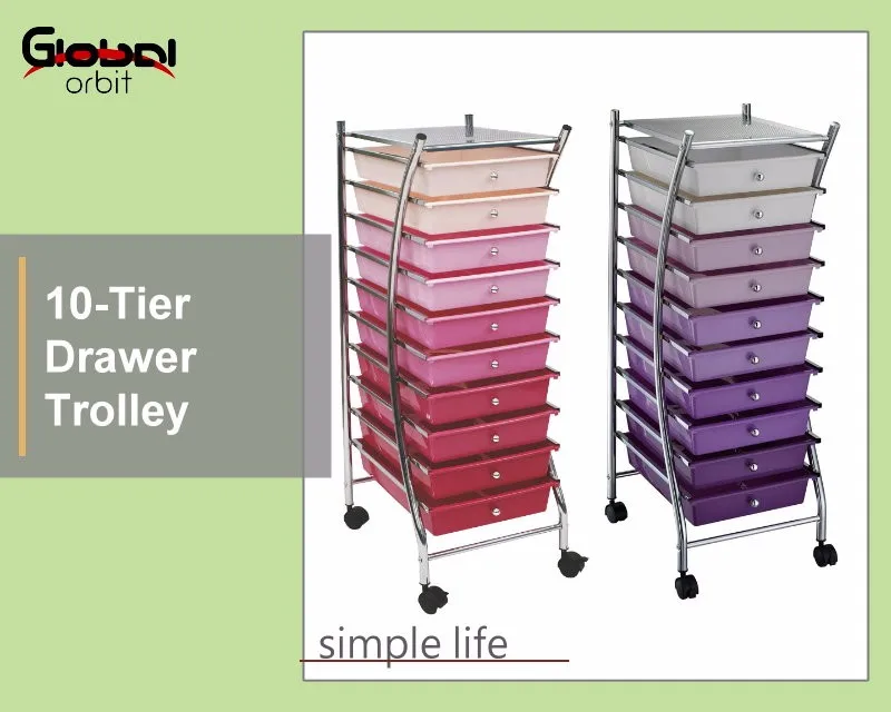 10 Drawer Plastic Storage Rail Trolley Cart With Wheel