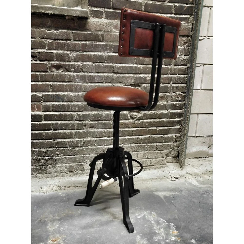INDUSTRIAL CHAIR STOOL WITH ADJUSTABLE HEIGHT, IRON CAST AND LEATHER STOOL WITH BACKREST