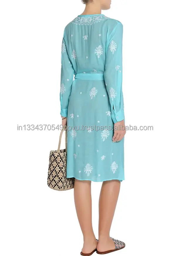 World of Swimwear High Fashion Edge Intricate White Floral Embroidered Flattering Waist Belt Women Cover Up Kimono Dress Robe