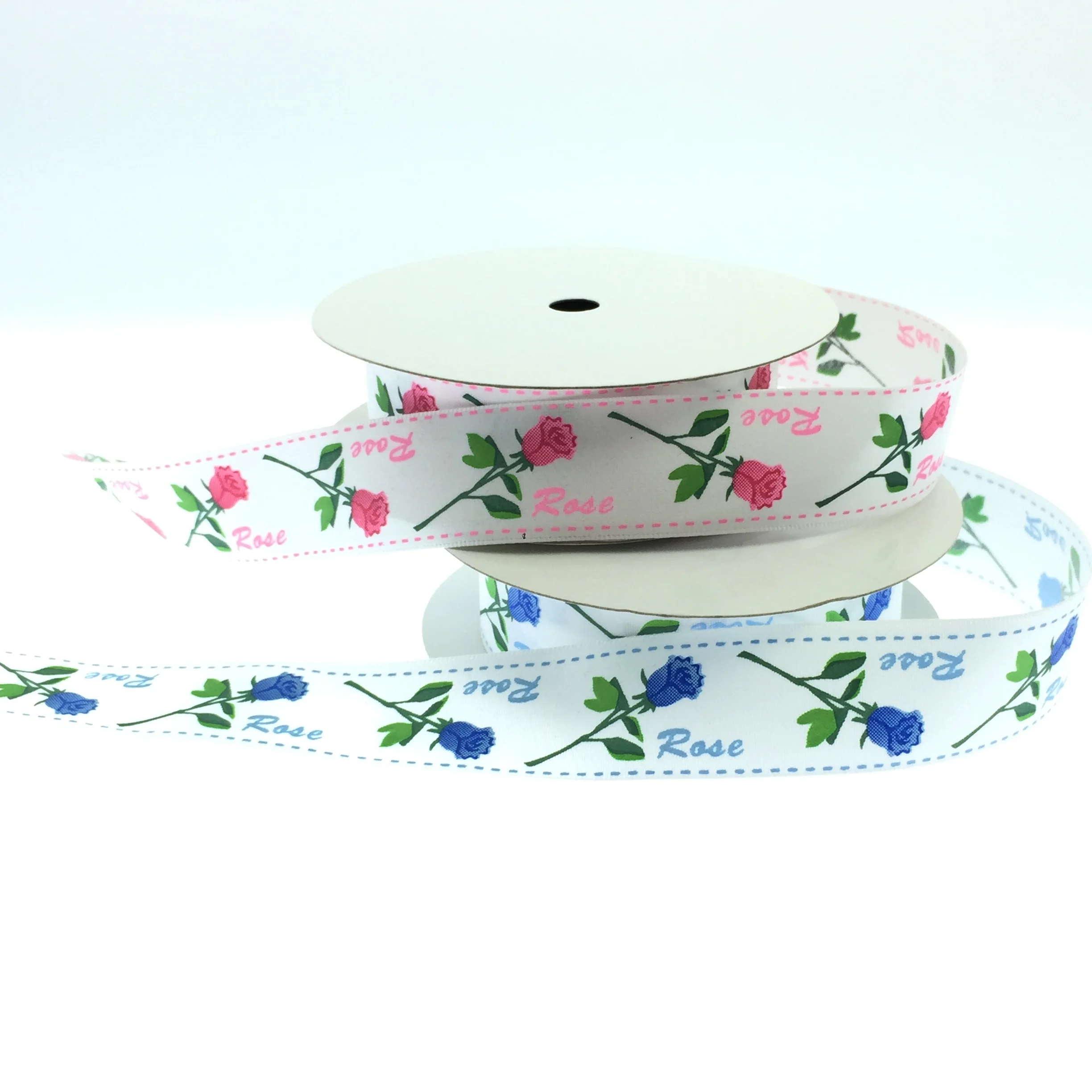 Fancy silk screen rose printing satin woven ribbons