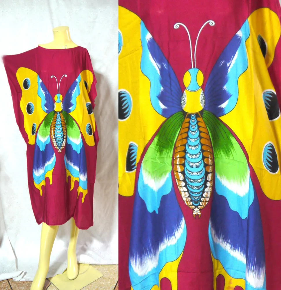 
vintage retro thai style HIPPIE BOHO HAWAII BLOCK TIE DYE caftan butterfly dress PLUS 