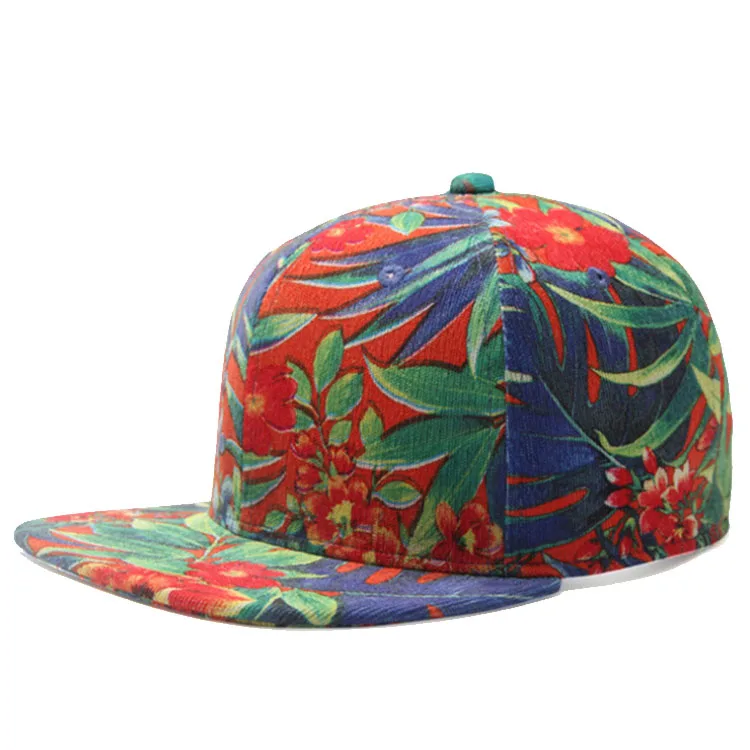 Custom design flat tropical floral snapback hats, hawaiian print snapback caps