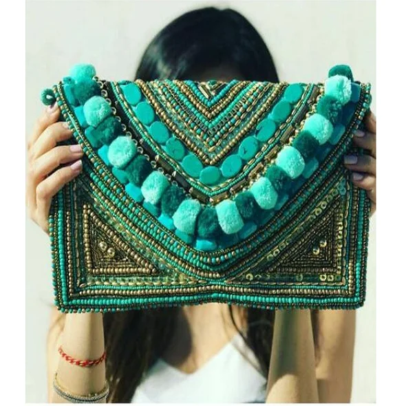Traditional Banjara Turquoise Stone Hand Beaded Evening Bag Envelope Clutch Purse Women Female