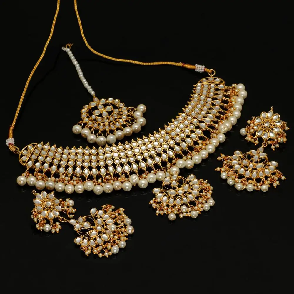 White Color Imitation Pearl & Kundan Necklace With Earrings & Maang Tikka