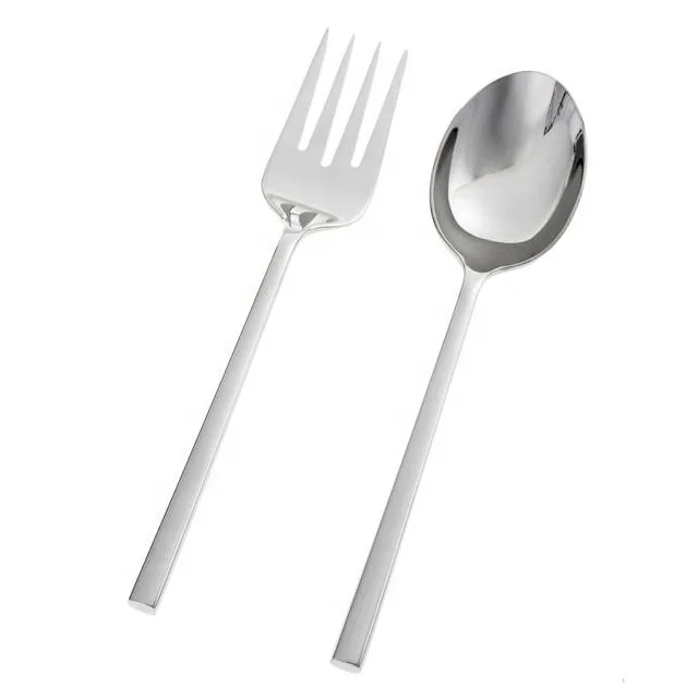 Stainless Steel Shiny Silver Serving Spoon and Fork for Salad Kitchen Use Durable Metal Salad Server Tool