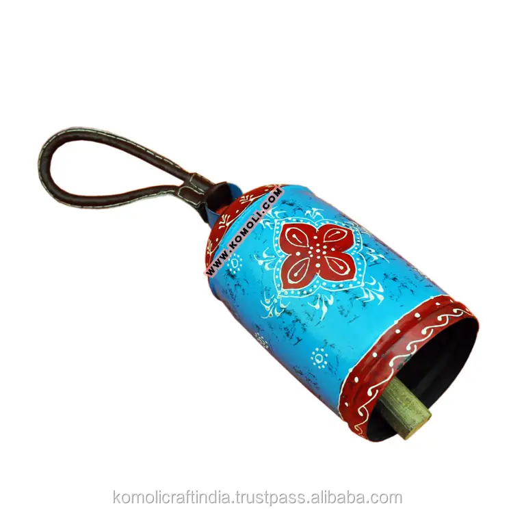 Blue and red metal leather handle cow bell wholesale cow bells custom cowbells metal crafts