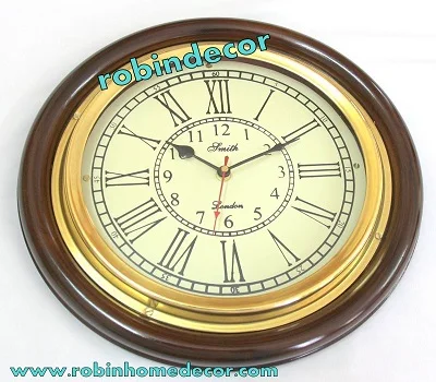 Antique Look Silent Wall Clock, 16 Inch Brass And Wooden