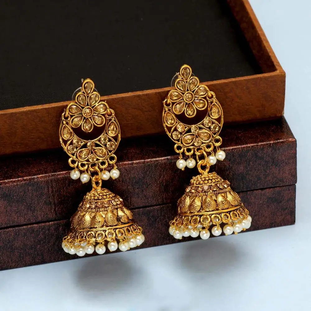 Latest Indian Jewelry Gold Color Glass Stone Kashmiri jhumka Earrings
