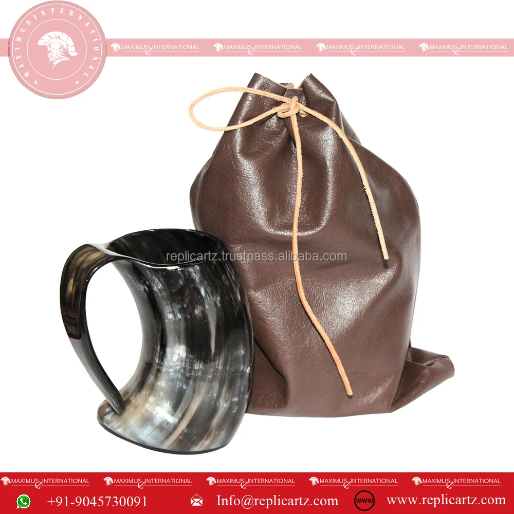 Viking Natural Horn Mug with Leather Bag Horned Handle, Safely Holds Hot and Cold Tea