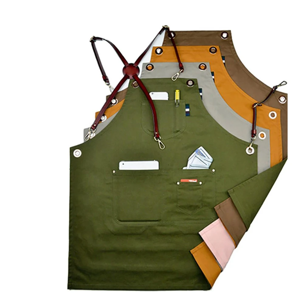 Double Sides Multicolored Cotton Bib Apron With Leather X Strap & Pockets Barber Salon Aprons