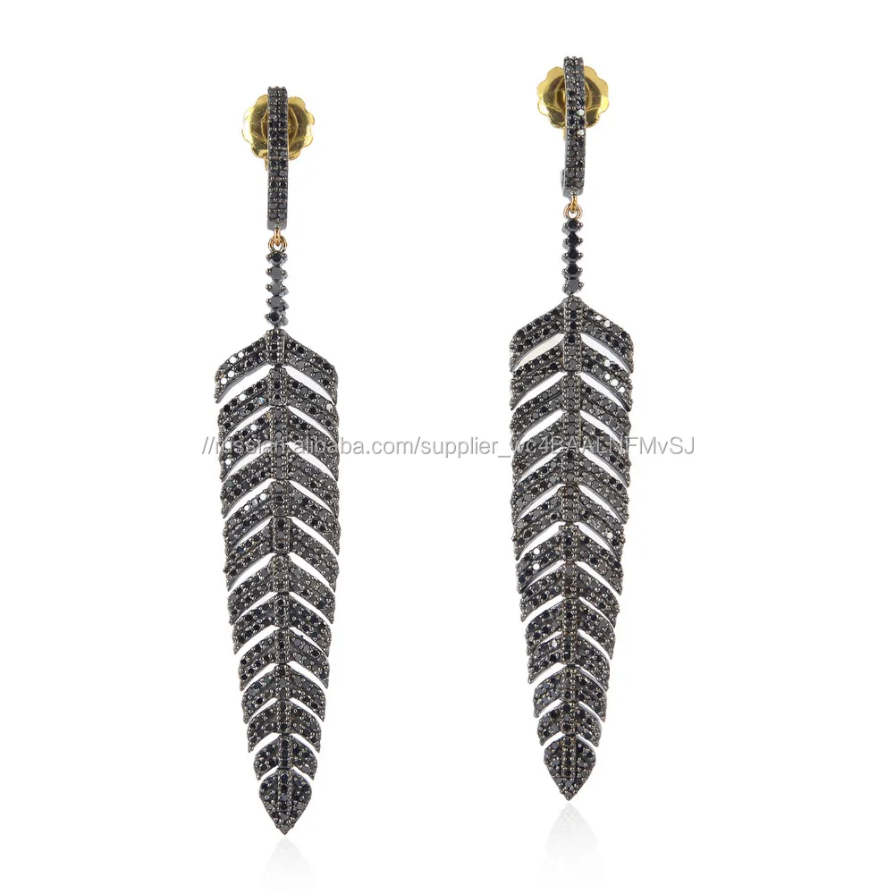 
 14 К Золото Серебро Натуральный Черный Алмаз Перо Дизайн Болтаются Серьги  