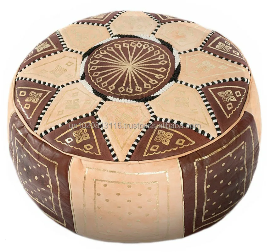 Vintage Handmade Genuine Leather White Ottoman Pouf