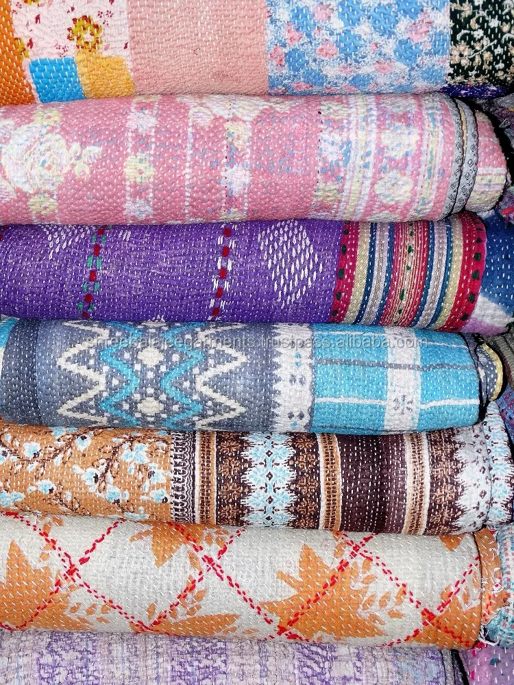 White Heavy Soft Colors Handmade Vintage One-of-a-Kind Kantha Sari Quilt Beautiful Vintage Kantha Throw Indian Sari Blankets