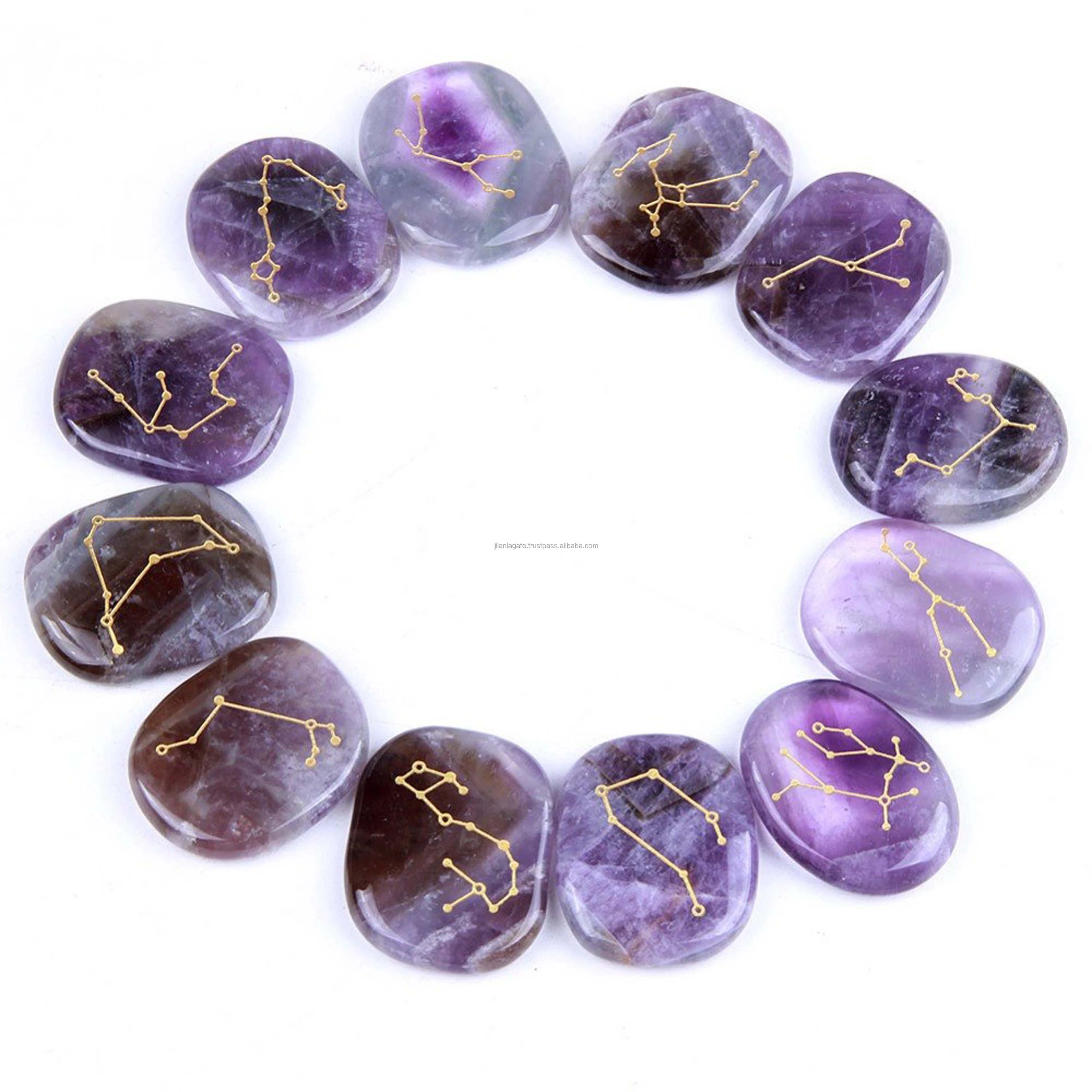 Natural Amethyst Palm Stones 12pcs Zodiac Symbols