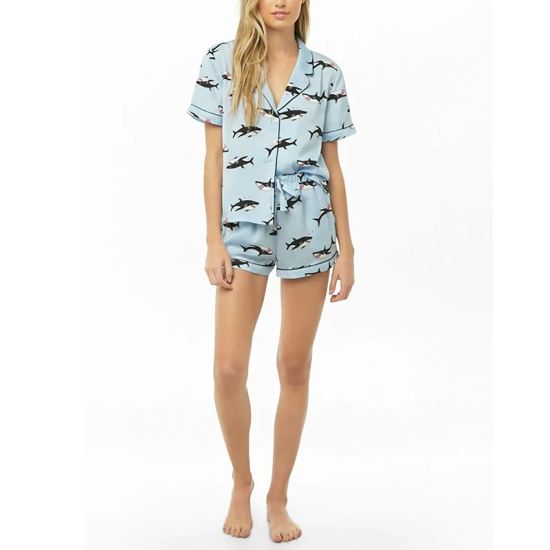 MGOO Customized Shark Graphic Pajama For Women Allover Print Short Casual Sleepwear Satin Nightwear With Piped Trim