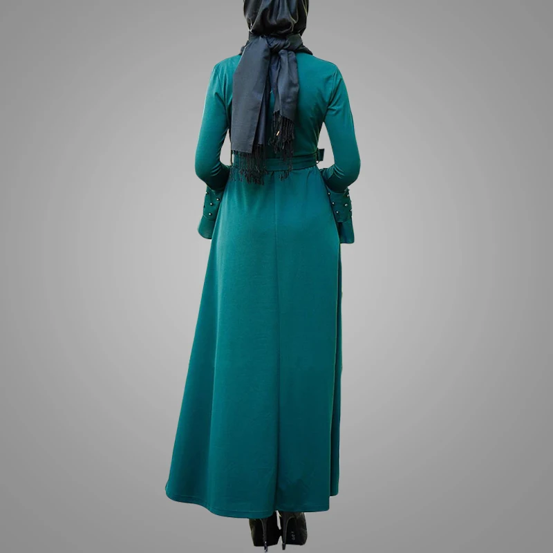Turkish Style Muslim Long Dress With Dye Pearls Full Length Bell Sleeves Islamic Abaya