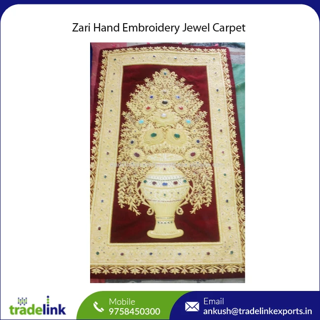 Golden thread zardozi floral tapestry with semi precious stones, zardozi jewel carpet, embroidered wall art