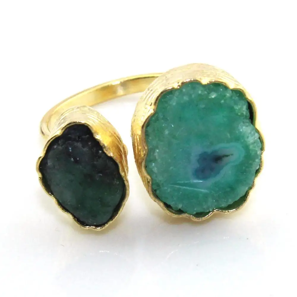 Natural raw emerald & solar quartz gemstone ring brass 24K gold plated ring handmade adjustable boho ring