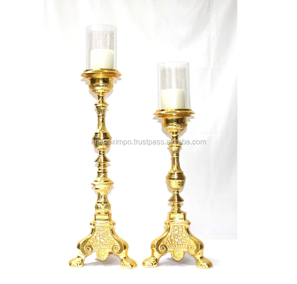 Centerpiece Candle Holder Funnel Tripod Candelabra, Set of 2, Wedding/home Decoration with Glass Beautiful Baroque Emboss Golden