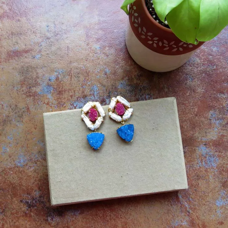 White Pearl Dangle Earrings Pink, Blue, Druzy Handmade Gemstone Earrings