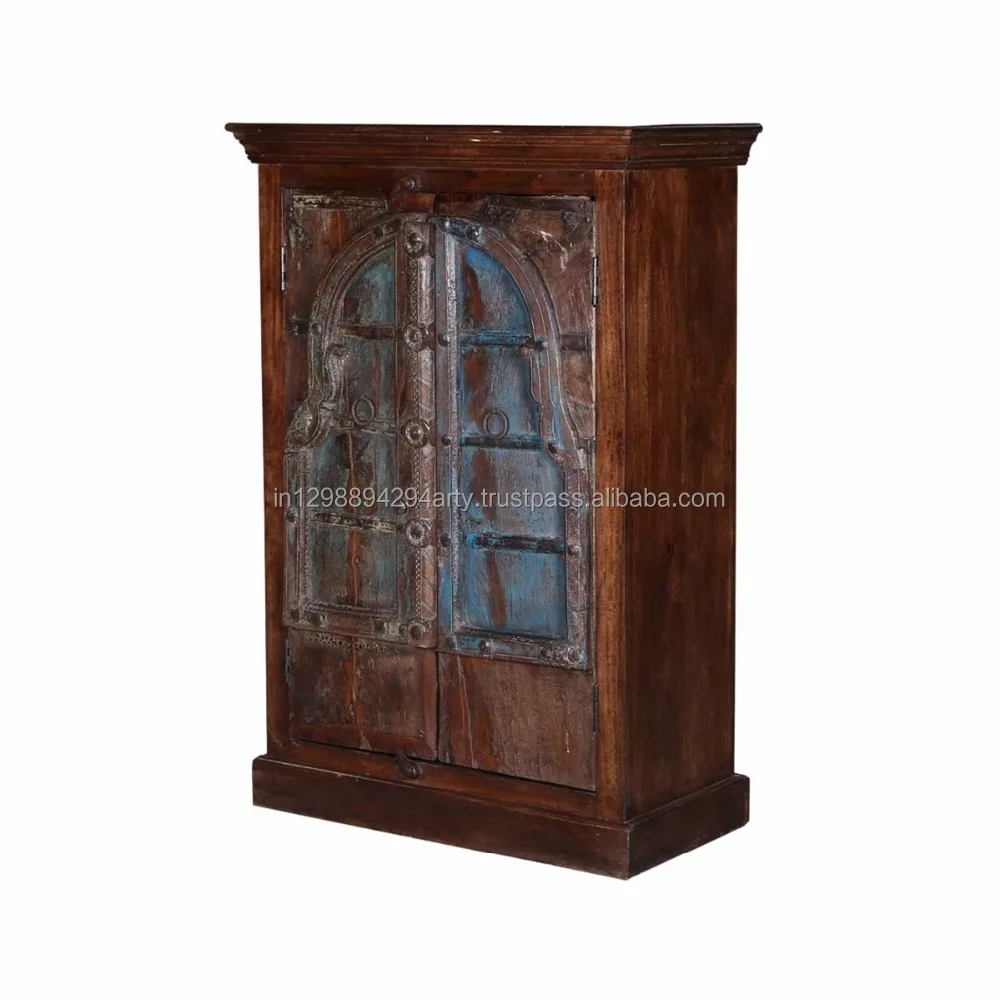 Modern Reclaimed Wood Bookcase with Two Doors Indian Antique Style Made from Wooden Metal and Iron