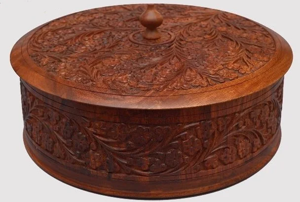 Wooden Round Shape Storage Box, Handmade Wooden Basket, Wood Bucket Carved Wooden Hotpot polish inlaid work Box