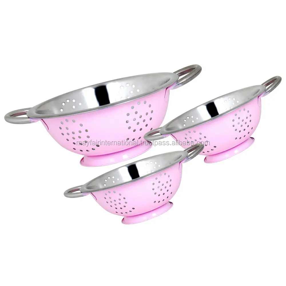 Stainless Steel Set OF 3 PCs Twin Handle Multipurpose Deep Colander With Pink Color For Kitchen