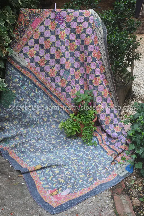 White Heavy Soft Colors Handmade Vintage One-of-a-Kind Kantha Sari Quilt Beautiful Vintage Kantha Throw Indian Sari Blankets