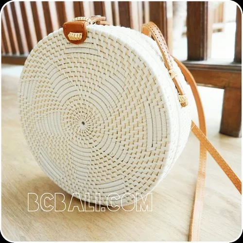 Straw Rattan with White Rafia Motif Handle Leather Circle Round Strap Beach Bali Bag Handmade New Trend Fashion