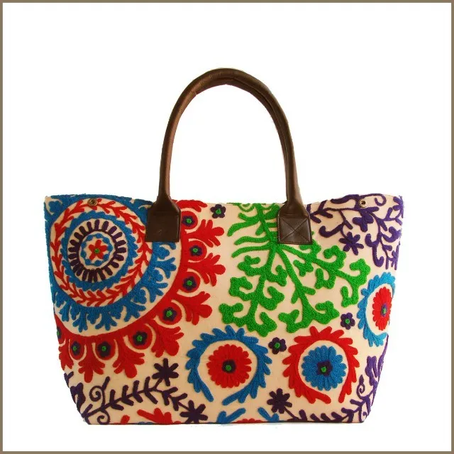 Hand Embroidery Suzani PU leather Bag Ethnic Cotton Gypsy Fashionable Bucket Bag Wholesale